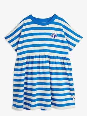 Mini Rodini Blue & White Striped Cotton Dress with Globe Patch